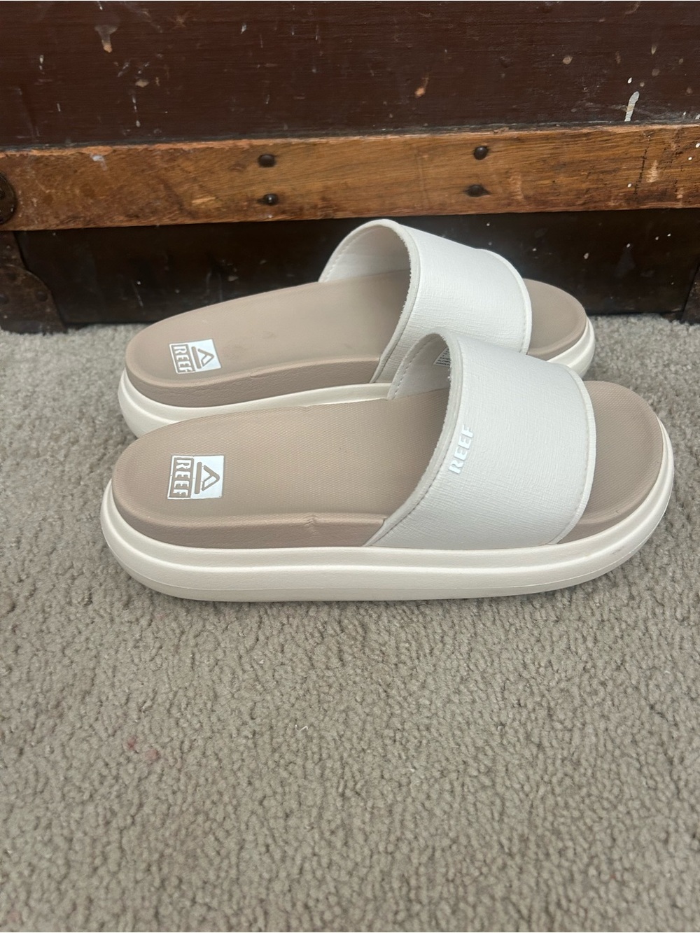 Reef Cream and Tan Platform Slide Sandals